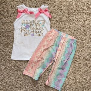 2t girls mermaid capri leggings & tank top set. Top says “Daddy’s lil’ mermaid”